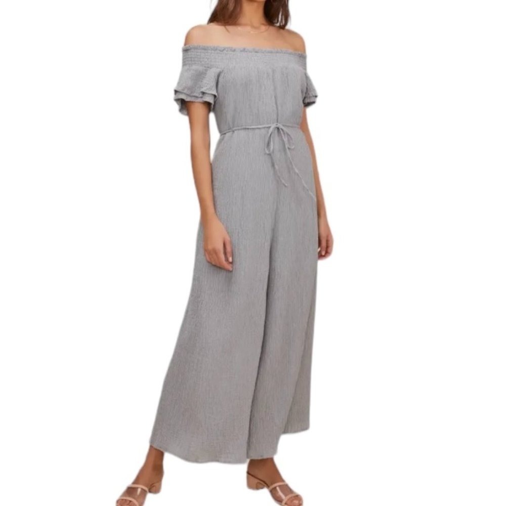 Astr Ruffled Short Sleeves Off Shoulder Wide Leg Light Slate Green Jumpsuit